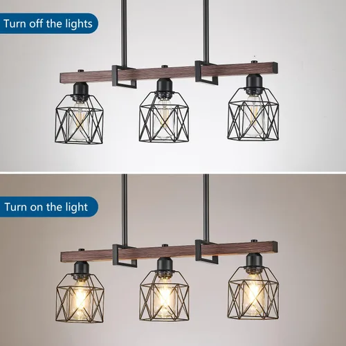 Miniatura 6 de Lámpara colgante industrial vintage de 3 luces sobre mesa, luz colgante ajustable con acabado de nogal y marco de metal negro mate, base E26