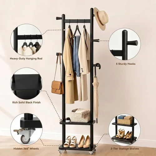 Miniatura 4 de Estante de abrigos de madera maciza independiente con ruedas y 2 estantes de almacenamiento y 5 ganchos, estante de ropa resistente, árbol de Negro