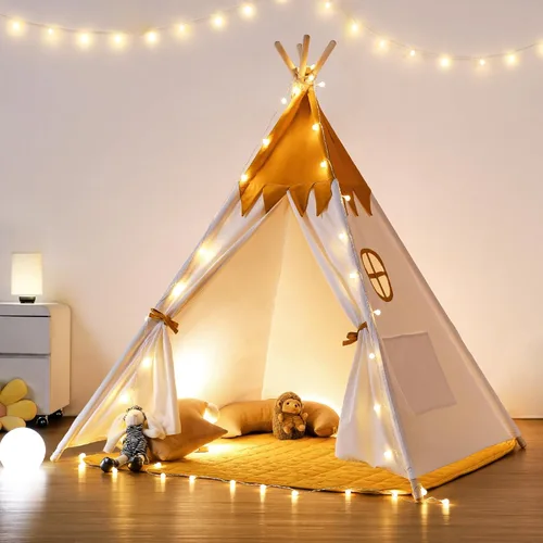 Miniatura 9 de besrey - Tienda de campaña tipi para niños con luz y alfombra, tienda de campaña para jugar en interiores, casa de juegos, tienda tipi de algodón
