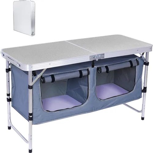 Nice C Mesa de campamento, mesa plegable ajustable en altura, mesa de cocina de almacenamiento de campamento, aluminio ligero, con asa de transporte