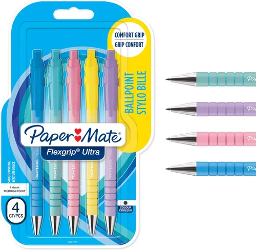 Paper Mate Flexgrip Ultra Pastel - Bolígrafo de punta media (0.039 pulgadas), tinta negra, barriles pastel, 5 unidades