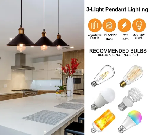 Miniatura 3 de FIRVRE Lámpara colgante industrial de 3 luces, lámpara colgante de metal ajustable, iluminación colgante vintage para cocina, restaurante, comedor