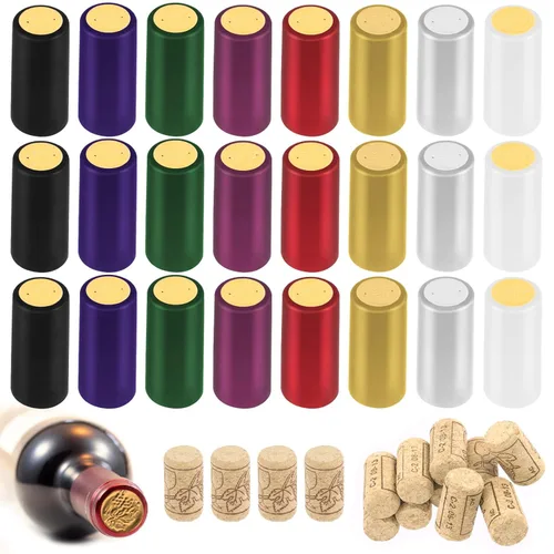 Swpeet 190 piezas de 8 colores de cápsulas termorretráctiles de PVC y tapón de corcho recto natural para botella de vino, kit surtido, envoltura