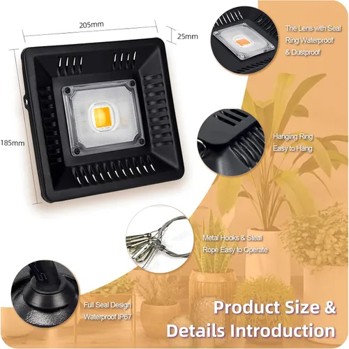 Miniatura 5 de Luz LED de crecimiento impermeable de 100 W de espectro completo, luz LED COB blanca de 3500 K, disipación de calor natural sin ruido, adecuada