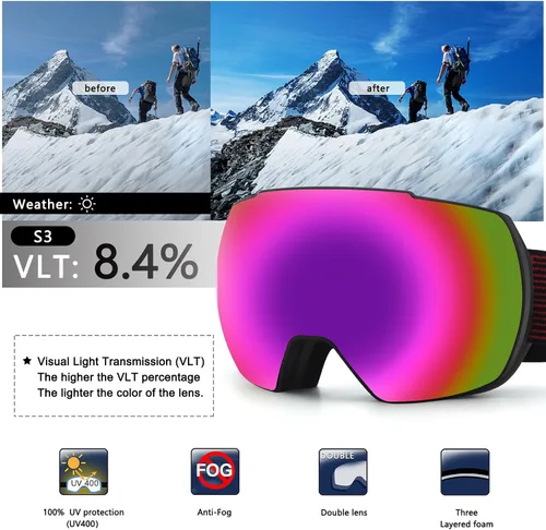 Miniatura 4 de OULAIQI Gafas de esquí de nieve, protección OTG UV400, anti niebla, esquí, patinaje, snowboard, gafas de snowboard para hombres, mujeres y jóvenes