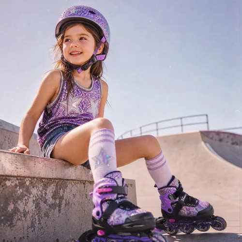 Miniatura 7 de Kuxuan Patines en línea ajustables para niños con ruedas iluminadas, divertidos patines iluminadores para niños, niñas y jóvenes Estrella morada