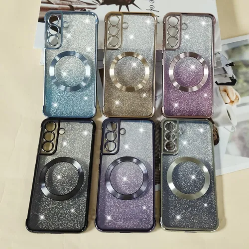 Miniatura 7 de Funda magnética con purpurina para Samsung Galaxy S21 Fe, funda de lujo de protección completa con protector de lente de cámara, antiarañazos, a
