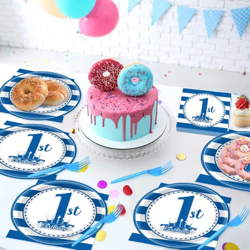 Miniatura 6 de 96 piezas de suministros para fiesta de primer cumpleaños de bebé, platos de papel para primer cumpleaños de niño, servilletas, decoración de fiesta