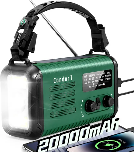 Miniatura 13 de Radio de emergencia de manivela, radio meteorológica de manivela solar de 20000 mAh / 74000 mWh con NOAA/AM/FM, radio alimentada por batería