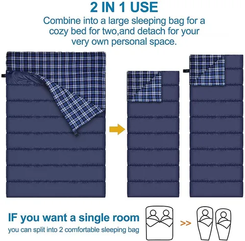 Miniatura 4 de Saco de dormir doble de Agemore de franela de algodón para acampar, hacer mochilero o senderismo. Saco de dormir impermeable de tamaño Queen para 2