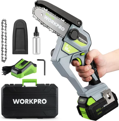 WORKPRO Mini motosierra, motosierra compacta sin escobillas de 6.3 pulgadas con batería de 4.0 Ah, sierra de madera portátil de 20 V con una sola