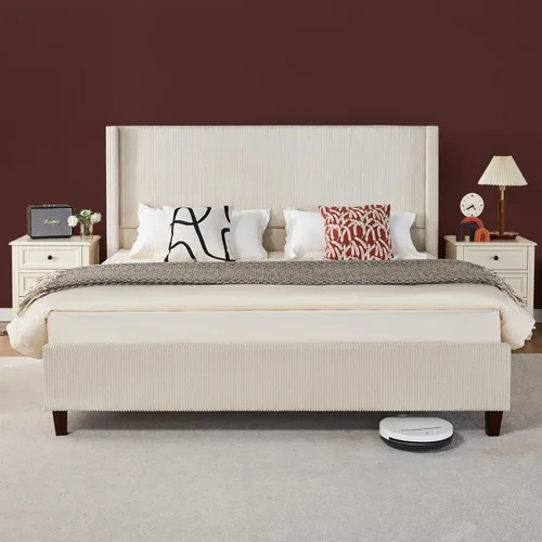 VanAcc Base de cama de plataforma tamaño Queen, cama tapizada de pana de 50.8 pulgadas con cabecera capitonada de canal vertical, listones de Crema