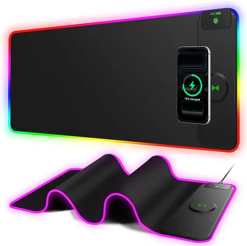 Miniatura 10 de Wireless Charging Mouse Pad with Foldable Phone Holder, 31.5"x15.8" Large Desk Mat for Laptop/Keyboard, Waterproof Ultra-Smooth Surface, Non-Slip
