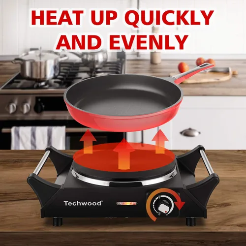 Miniatura 5 de Placa caliente, estufa eléctrica Techwood para cocinar, encimera de 1500 W, quemador individual con temperatura y asas ajustables, placa de cocina