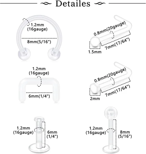 Miniatura 3 de 37 piezas de retenedores de piercing transparentes para el trabajo, anillos de nariz de plástico bioflex, tachuelas, anillos para el vientre
