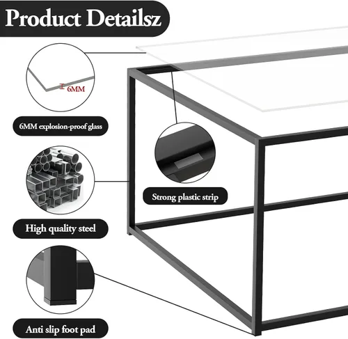 Miniatura 5 de Mesa de Café de Vidrio Negro para Sala de Estar, Mesas de Café Cuadradas para Espacios Pequeños, Mesas Centro Modernas de Té y Cóctel Simples, Mesas