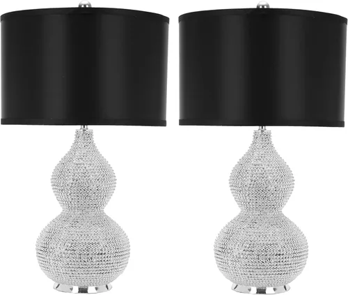 SAFAVIEH Lighting Collection Nicole - Juego de 2 lámparas de mesa con cuentas plateadas y negras de 25 pulgadas con puerto de carga USB (bombillas
