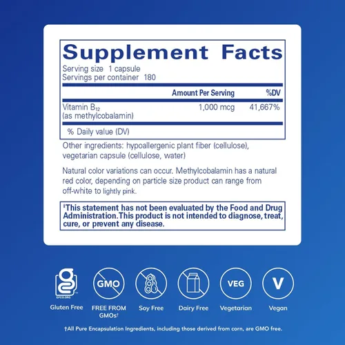 Miniatura 2 de Pure Encapsulations Metilcobalamina 1,000 mcg - Suplemento de vitamina B12 para apoyar la memoria y la salud de los nervios - Cápsulas premium