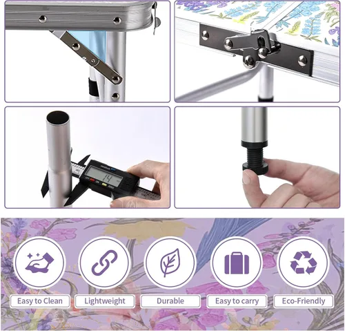 Miniatura 5 de Yriuat Mesa de camping plegable 2 pies de altura ajustable portátil pequeña mesa de cartas de aluminio plegable ligera con asa de transporte