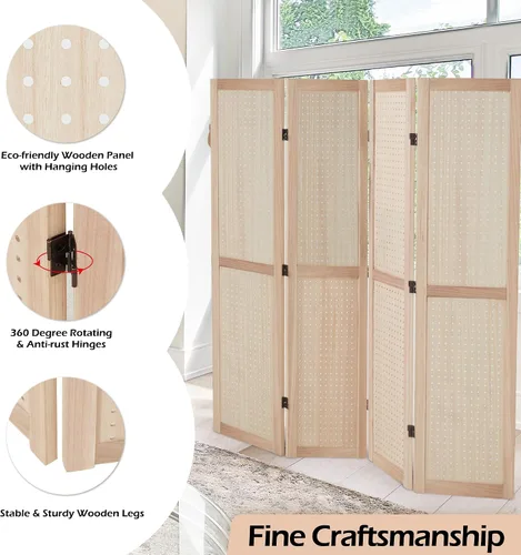 Miniatura 6 de Tablero de clavijas plegable de 4 paneles de 5 pies, divisor de habitación de madera, portátil, independiente, organizador para espectáculos