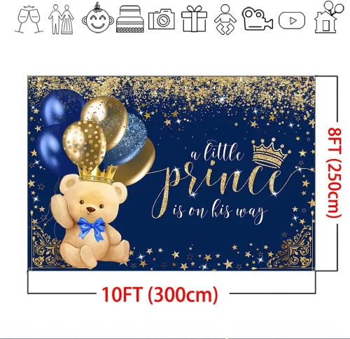 Miniatura 4 de Mocsicka Telón de fondo de oso con corona real para niños, baby shower, globo azul marino de oso real, un principito está en su camino, fondo