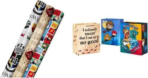 Hallmark Paquete de papel de regalo y bolsas de regalo de Harry Potter (paquete de 3 papel de regalo, paquete de 3 bolsas de regalo)