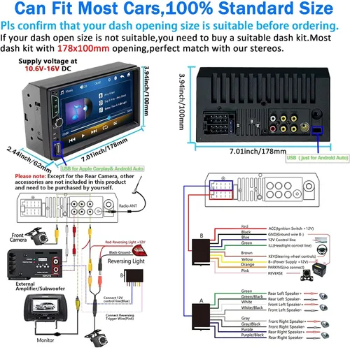 Miniatura 6 de Estéreo de Auto Doble DIN con Apple CarPlay Inalámbrico, Android Auto Inalámbrico, Pantalla Táctil HD de 7 Pulgadas, Radio de Coche con Bluetooth