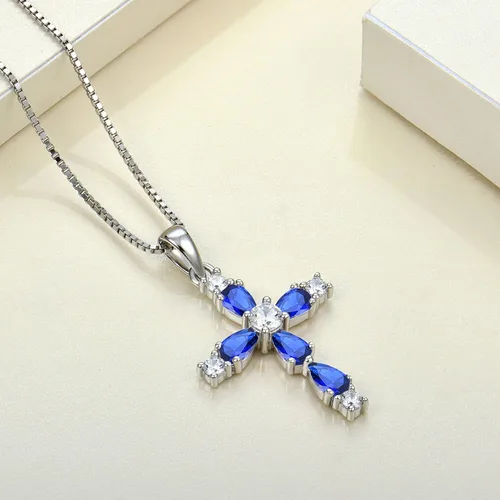 Miniatura 106 de YL Collar de cruz de plata de ley 925 con colgante de piedra natal religiosa para mujer