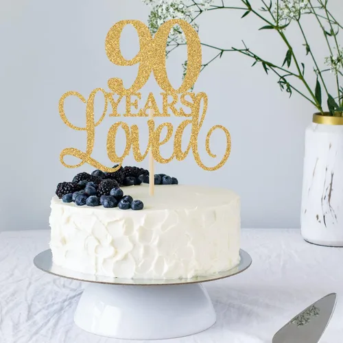 Miniatura 3 de 90 años de amor saludos al 90 aniversario, suministros de recuerdo de fiesta de cumpleaños con purpurina dorada