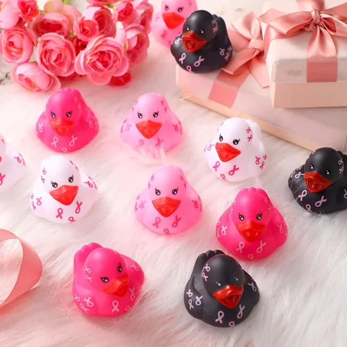 Miniatura 2 de Honoson 12 piezas de patos de goma con cinta rosa sobre el cáncer de mama, mini patos de goma para concientización sobre el cáncer de mama, regalos