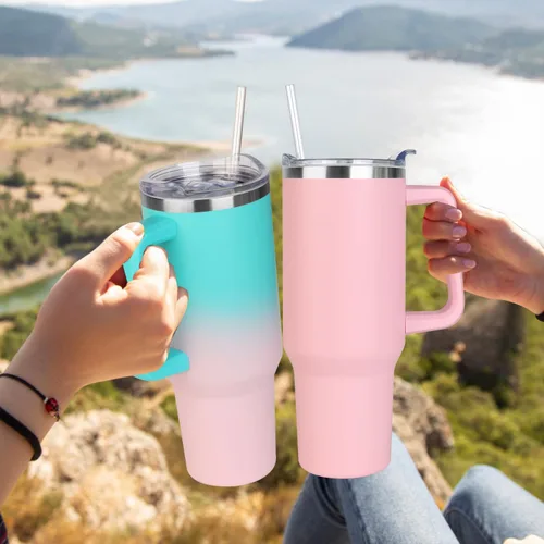 Miniatura 6 de SYACOT Vaso de 40 onzas con asa y pajita, vaso aislado de acero inoxidable, tapa a prueba de fugas y tapa con pajilla, taza de café de viaje