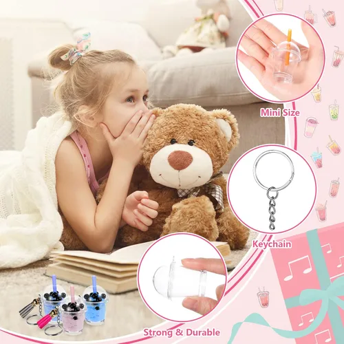 Miniatura 5 de Cunno 348 piezas de mini llaveros de té lechoso, accesorios de pegamento de té de burbujas, incluye anillos para llavero, mini taza, colgante