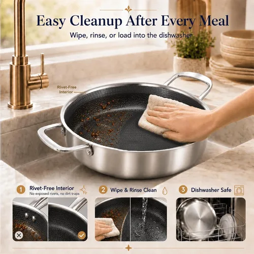Miniatura 9 de DELARLO Sartén de tres capas de acero inoxidable de 10 pulgadas Sartén de freír profunda de 3QT con tapa Sartén de saltear con tapa Compatible