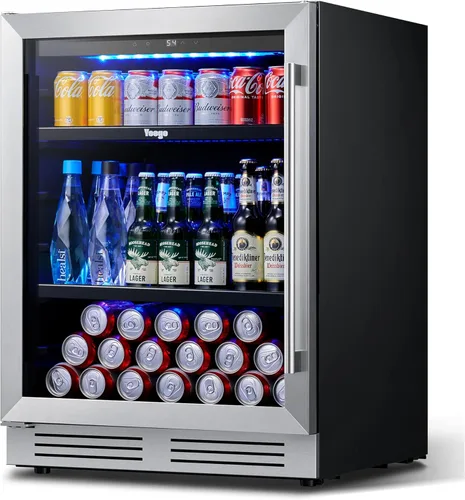 Yeego Refrigerador de bebidas – Mini refrigerador de 24 pulgadas con 180 latas con puerta de vidrio, 34-54 ℉ bajo mostrador refrigerador integrado