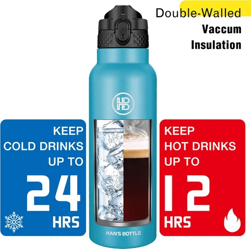 Miniatura 6 de Han's Bottle Botella de agua deportiva de 24 onzas, tapa con pajilla, a prueba de fugas, acero inoxidable aislado al vacío, doble pared, taza Océano