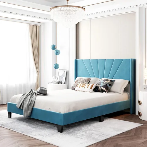 Miniatura 3 de Majnesvon Base de cama tapizada con plataforma tapizada, de terciopelo tamaño Queen, base de colchón, necesita somier, fácil montaje, tamaño Queen