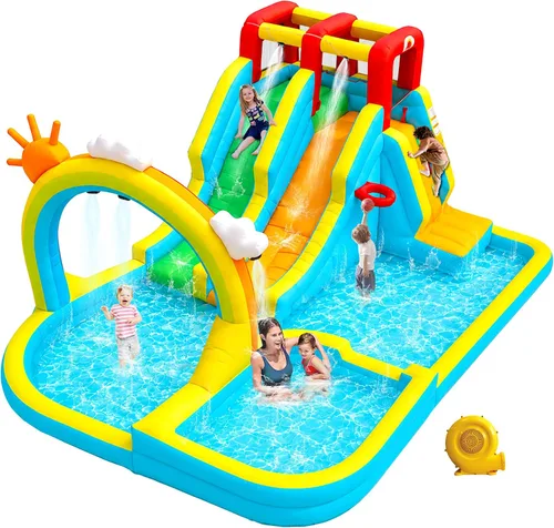 WELLFUNTIME Parque inflable de los toboganes dobles del agua con el ventilador, castillo animoso con la cortina de agua del arco iris, con el