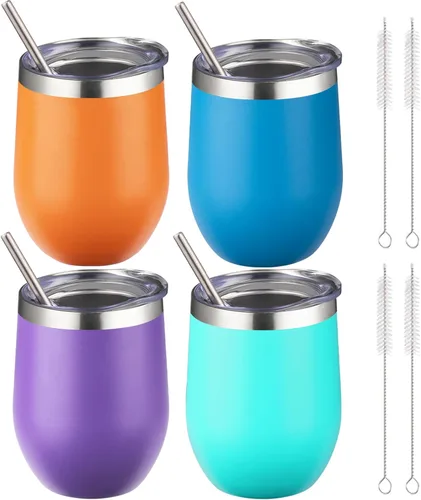 Miniatura 24 de Vaso de vino aislado de 12 onzas con tapa y pajita, vaso de vino de acero inoxidable sin tallo de doble pared, vaso de vino al vacío a granel