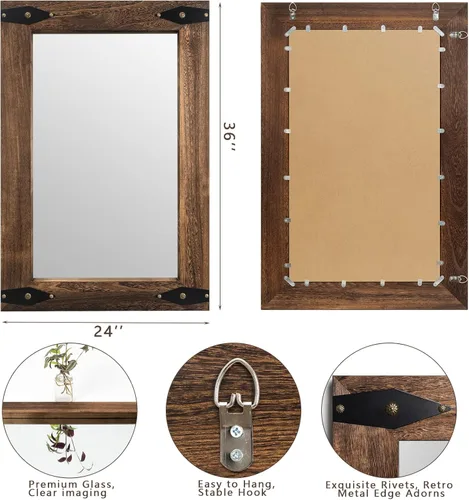 Miniatura 7 de Espejo rústico de granja con marco de madera para baño, espejo decorativo de baño para pared de madera, espejo rectangular montado en la pared