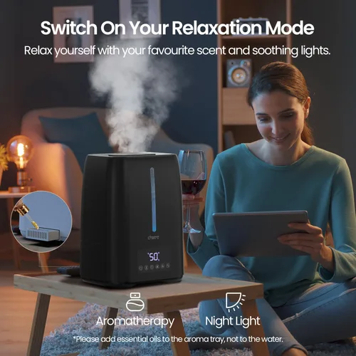 Miniatura 6 de Humidificador ultrasónico de 6L con llenado superior - Niebla fría y cálida para dormitorio, bebé, habitaciones grandes y plantas, control Negro