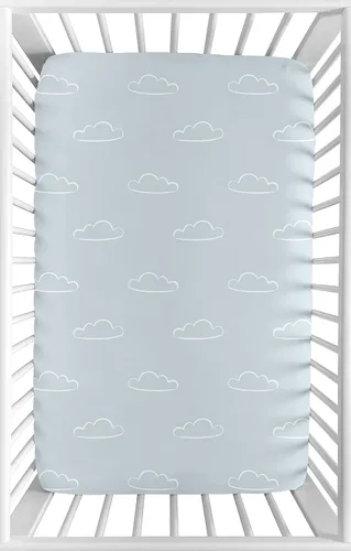 Sweet Jojo Designs Blue Clouds - Sábana bajera para cuna portátil para cuna o paquete y juego, pizarra y cielo de nube blanca para aviador vintage,