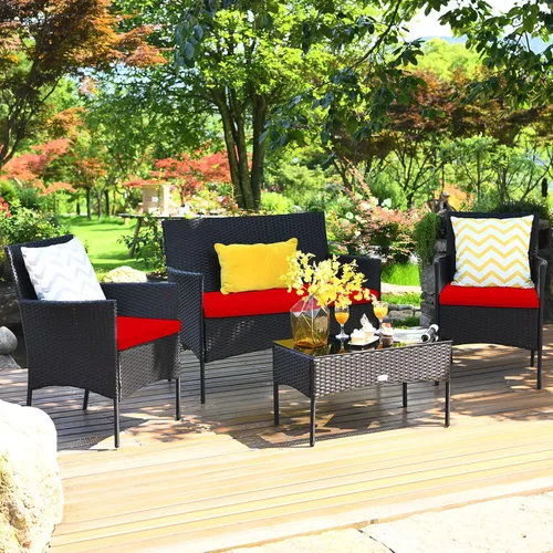 Miniatura 18 de Juego de muebles de patio de 4 piezas, juego de conversación al aire libre con respaldo ergonómico curvo, juego de sillas de patio con cojín Turquesa