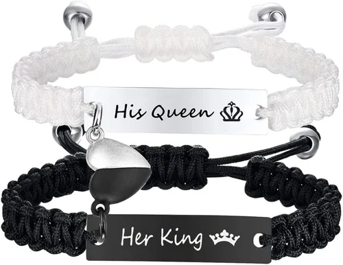 XUANPAI Juego de pulseras de identificación trenzadas hechas a mano con cuerda grabada para parejas, regalo personalizado de aniversario para él y