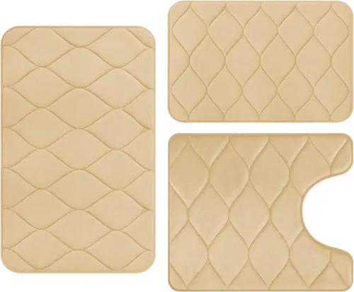 Colorxy Alfombras de baño de espuma viscoelástica, absorbentes de agua, supersuaves, antideslizantes, lavables, diseño de Ogee, juego de 3, Beige