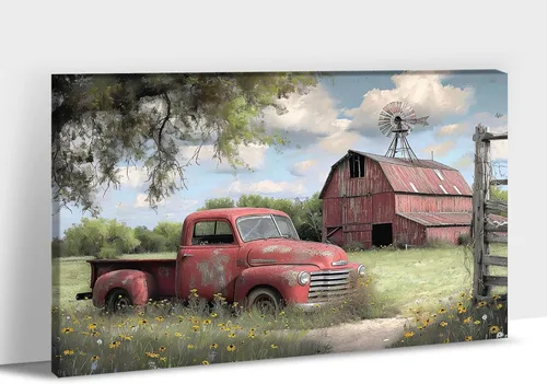 Miniatura 9 de Lienzo de pared de camión antiguo de granja, arte de pared de granero rústico, impresiones de lienzo de camioneta vintage de campo, impresiones