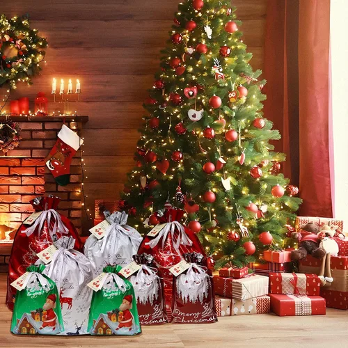 Miniatura 8 de Bolsas de regalo de Navidad con cordón, 20 bolsas de Navidad de varios tamaños para regalos, bolsas de plástico a granel, bolsas de regalo