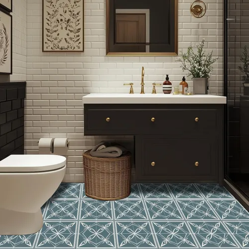Miniatura 4 de HOMETITUTE 10 piezas 12x12 pulgadas Azul floral nórdico patrón de silueta azulejos de piso de despegar y pegar removibles autoadhesivos adhesivo