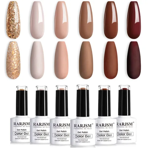 RARJSM Juego de 6 esmaltes de uñas de gel, color marrón, café, vino, borgoña, nude, morado, rosa, champán, dorado, purpurina, para invierno, secado