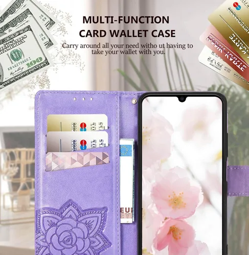 Miniatura 4 de Funda para teléfono Galaxy A14 5G, cartera con tapa para mujer, de piel sintética en relieve de mariposa con tarjeteros de crédito, correa de Lavanda
