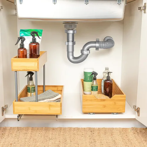 Miniatura 4 de Household Essentials Glidez - Organizador de almacenamiento extraíble de acero y bambú para uso debajo del fregadero o gabinete, diseño de 2